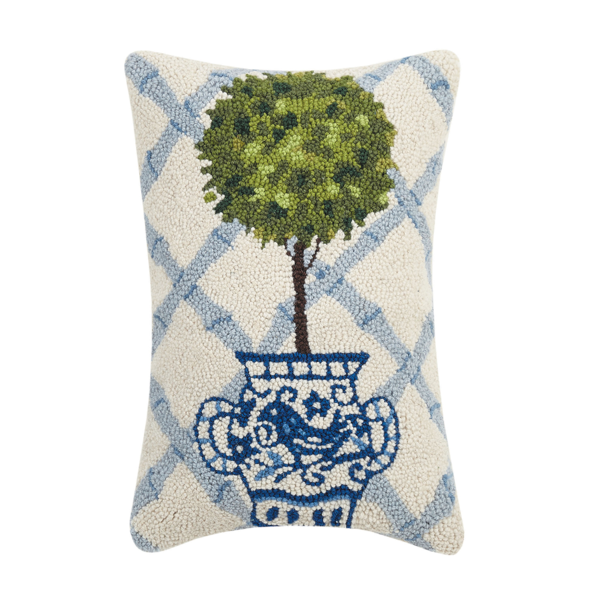 Blue Topiary Hooked Wool 18" x 12" Pillow