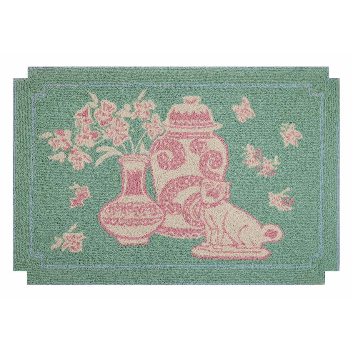 Fabulous Foo Dog Coral and Turquoise Hooked Wool Rug