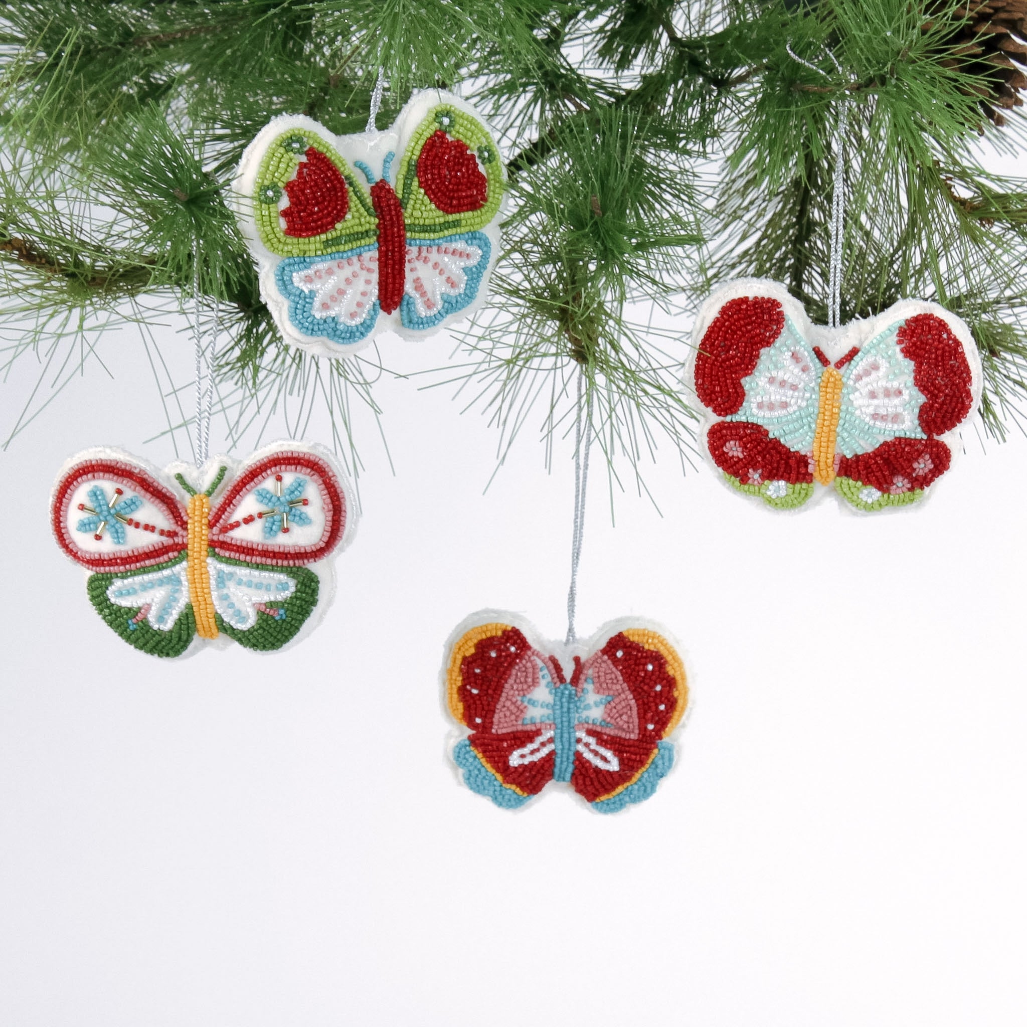 A set of 4 beaded butterfly felt Christmas ornament