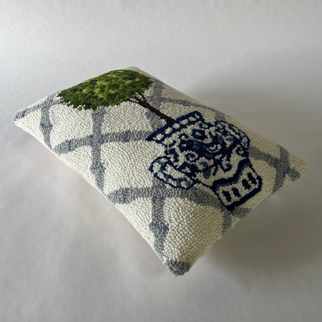 Blue Topiary Hooked Wool 18" x 12" Pillow