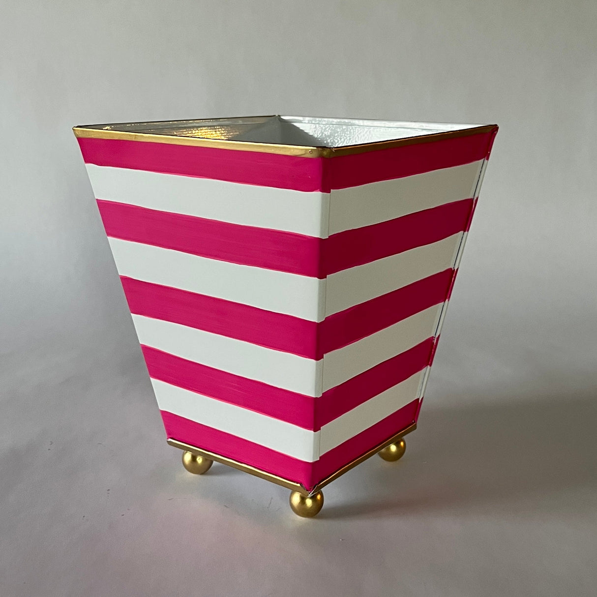 Derby Day Pink & White Stripe Hand-Painted Tole Planter