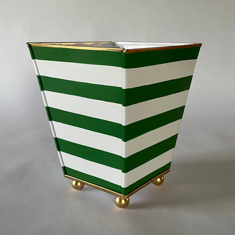 Tole Cachepot with Green Hand-Painted Stripes
