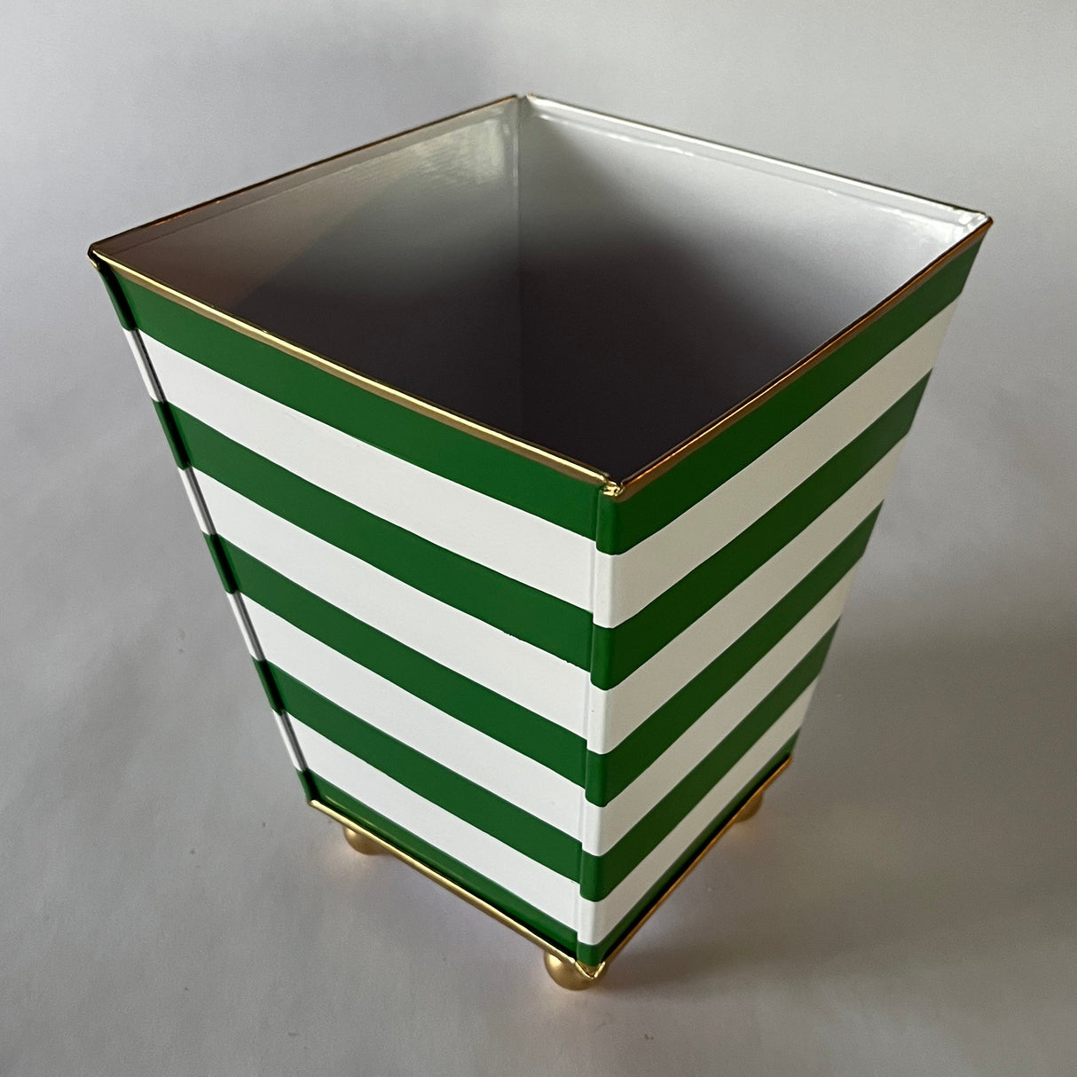 Derby Day Tole Cachepot with Green Hand-Painted Stripes