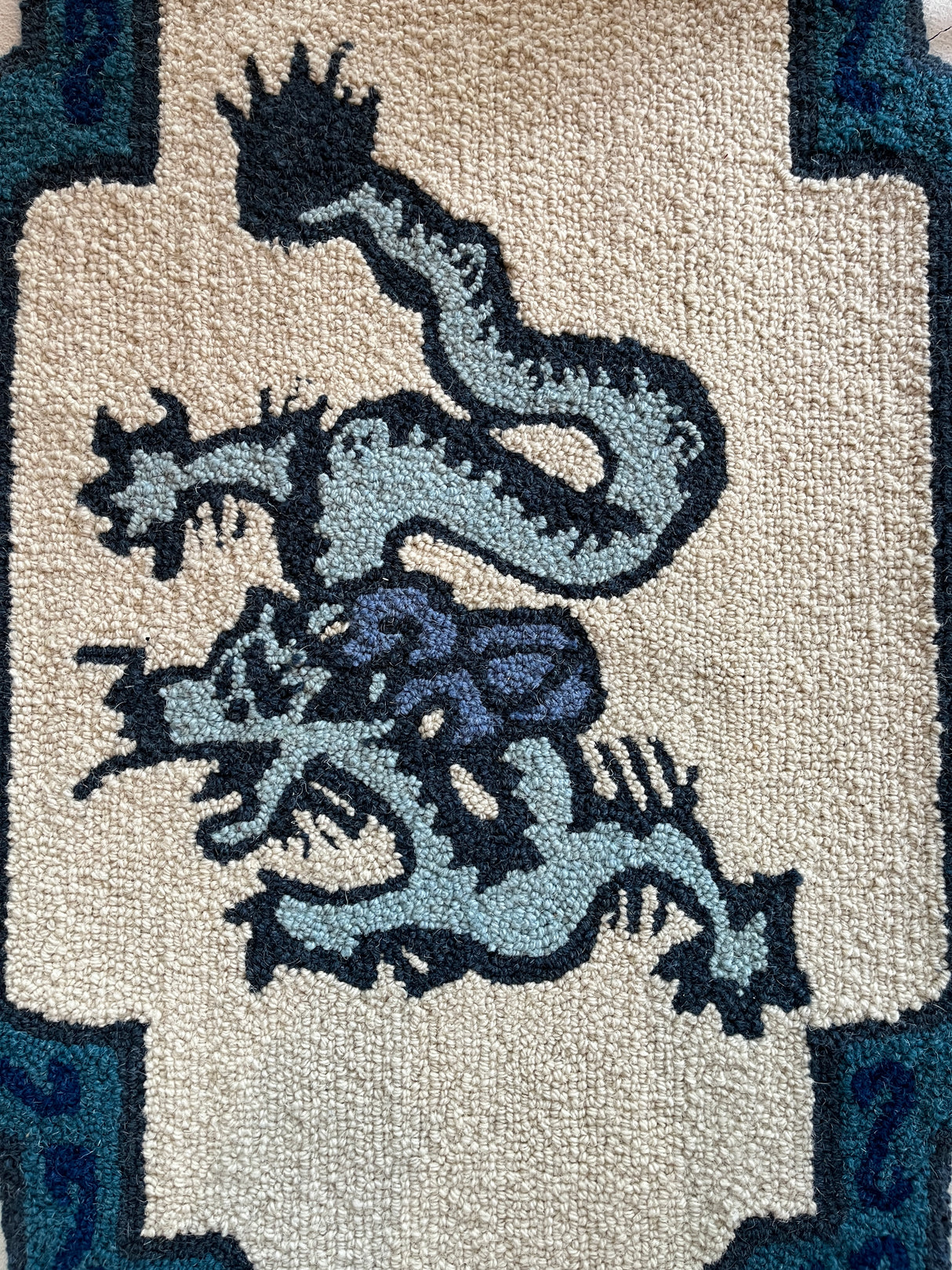 Navy Dragon Hooked Wool Lozenge-Shaped Rug