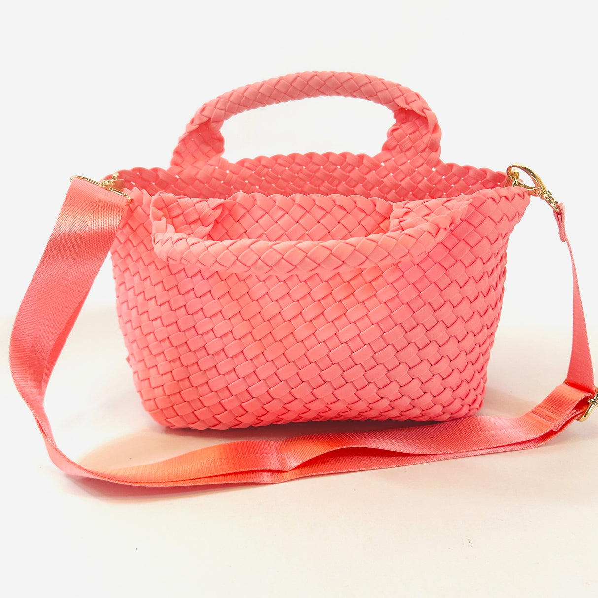 Woven Neoprene Pink Tote With Matching Solid Crossbody Strap
