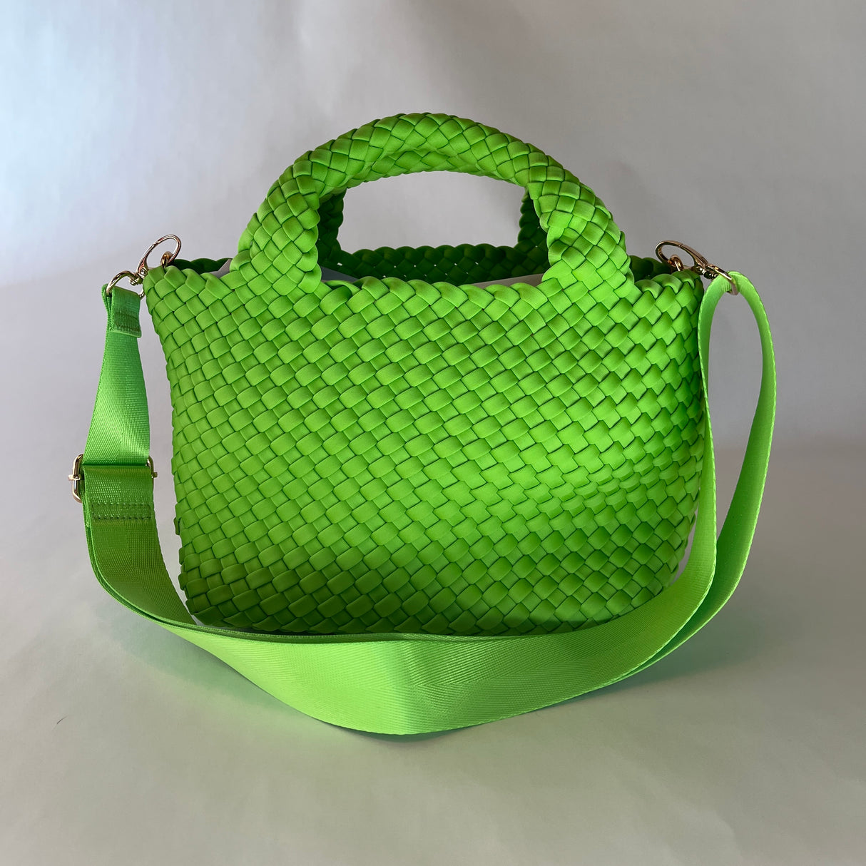Woven Neoprene Lime Green Tote With Matching Solid Crossbody Strap