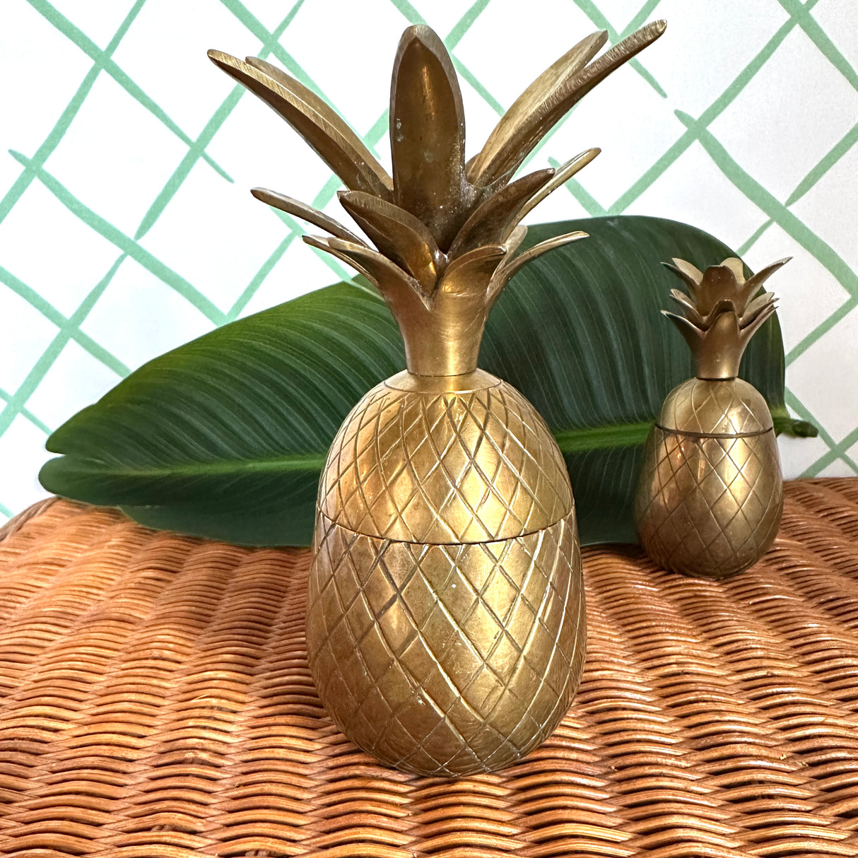 Vintage Brass Pineapple Lidded Canisters, Set of 3