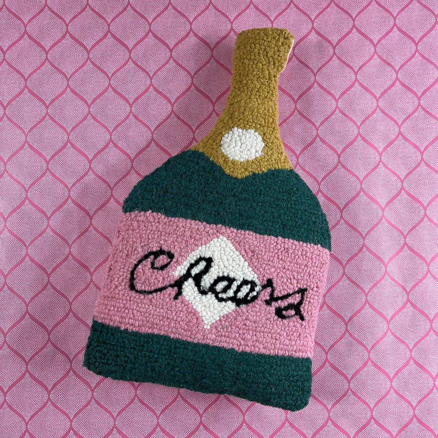 Hooked Wool Cheers Champagne Bottle Pillow