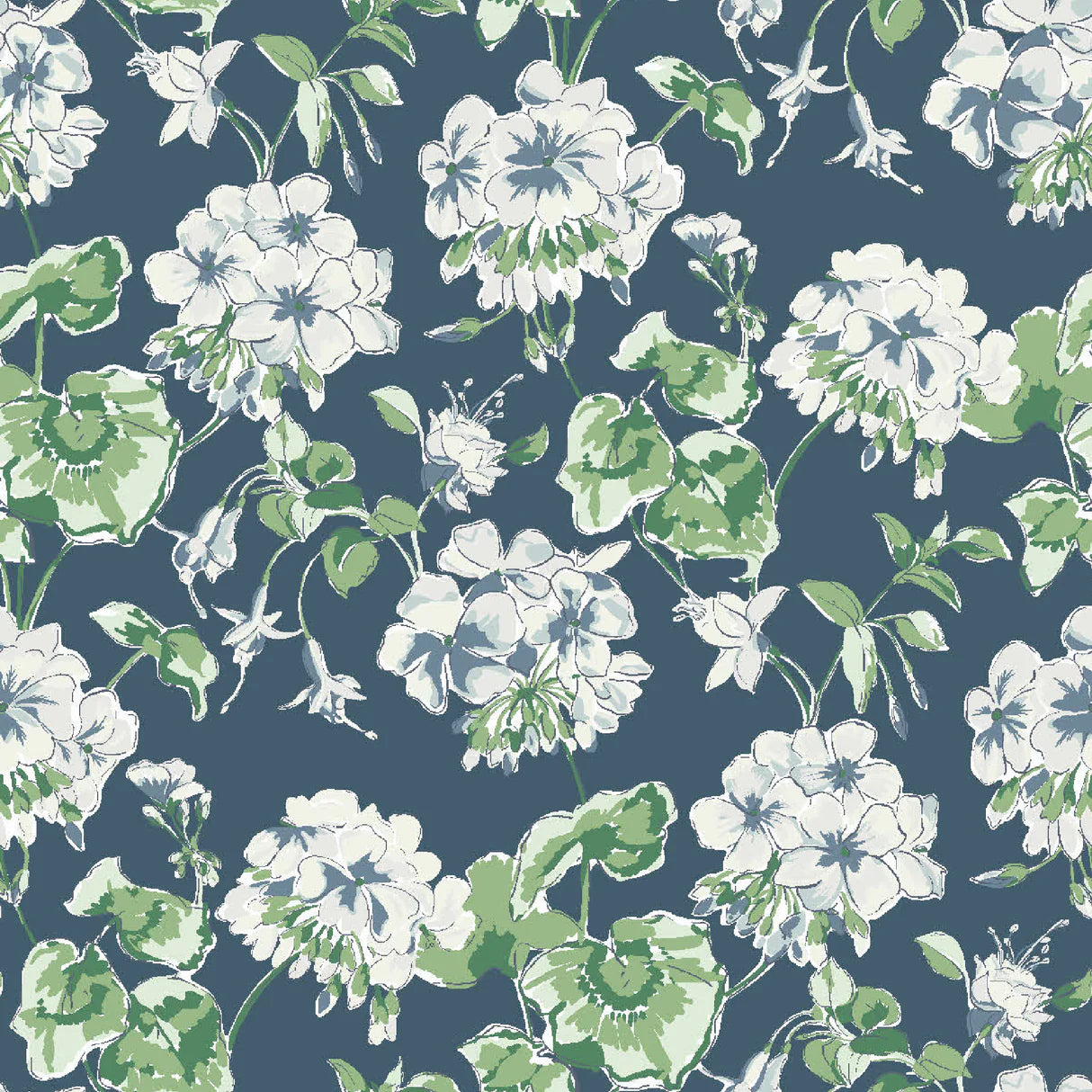Geranium wallpaper featuring light blue and white geraniums on a dark blue background.