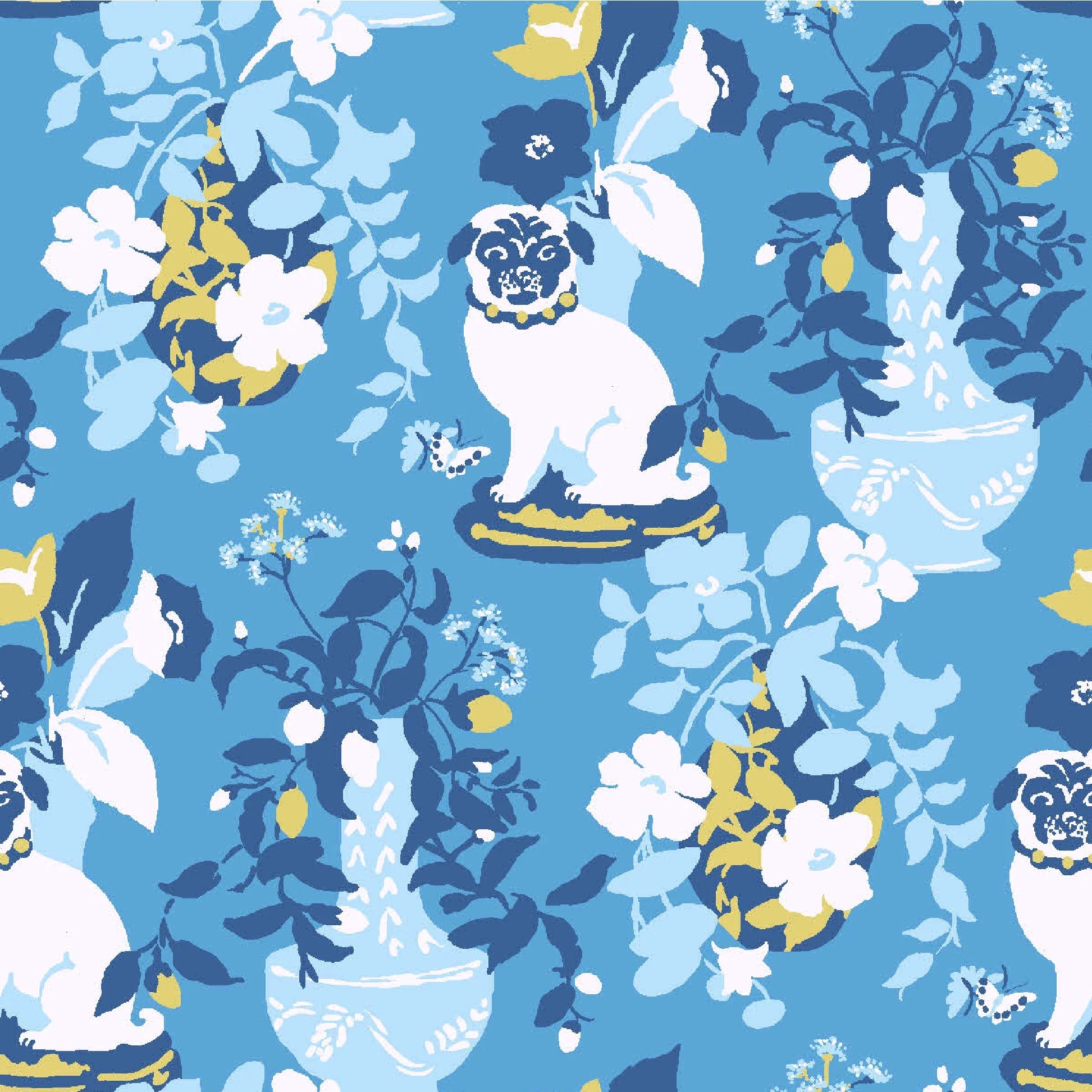 Blue and white chinoiserie wallpaper with a yellow, blue and white pug and vase motifs on a blue background.