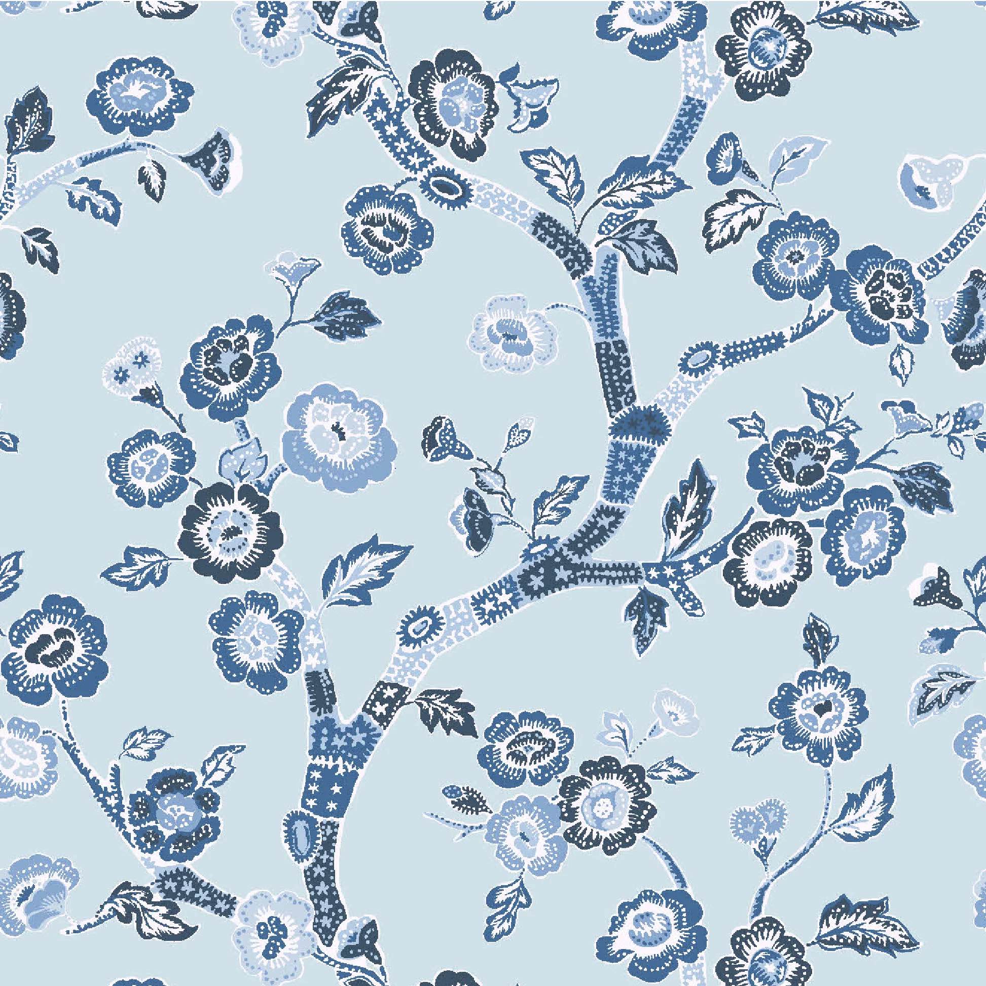 Blue and white chinoiserie wallpaper featuring blue cherry blossom motifs on a light blue background.