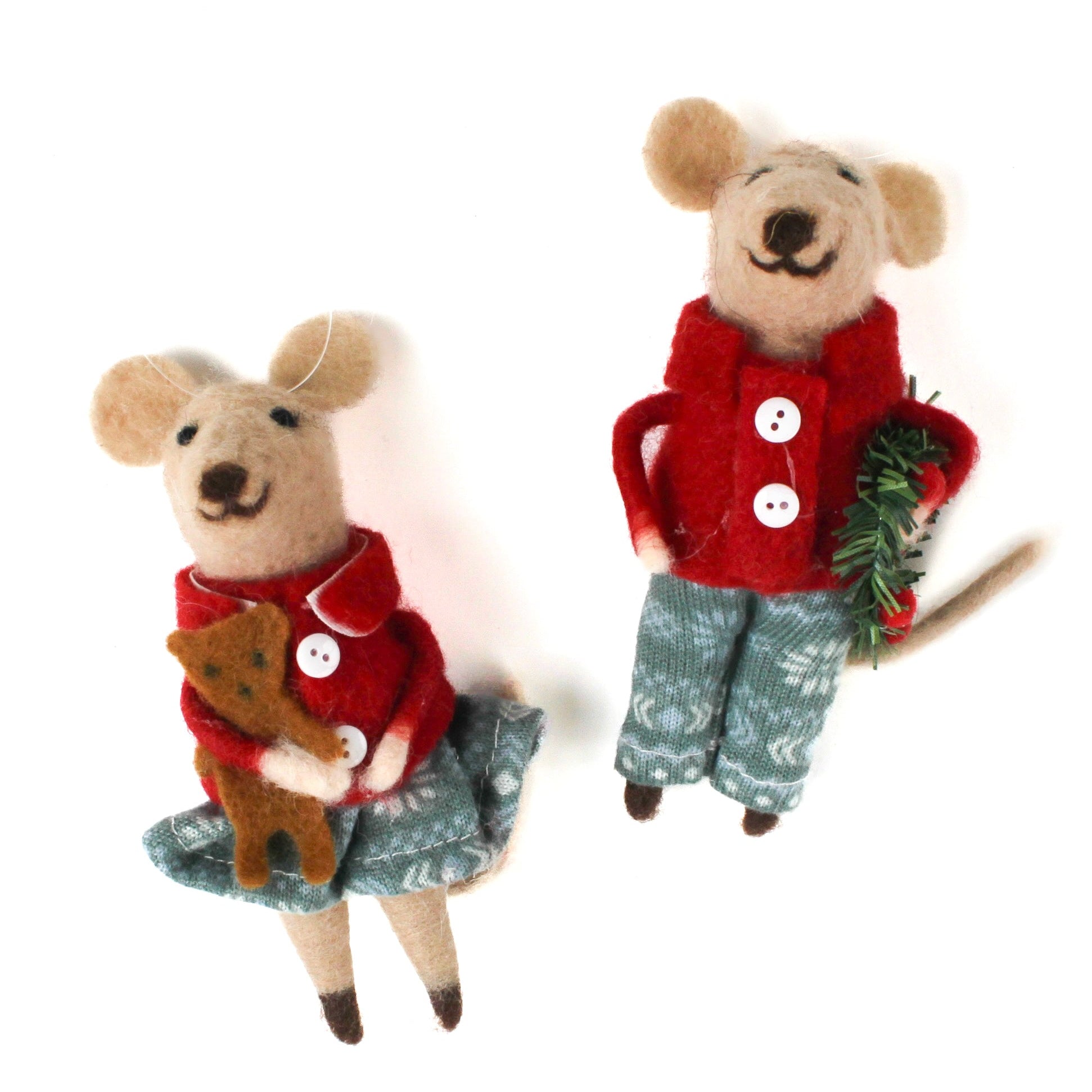 Set of two Mice in pajamas Christmas Ornaments in white background