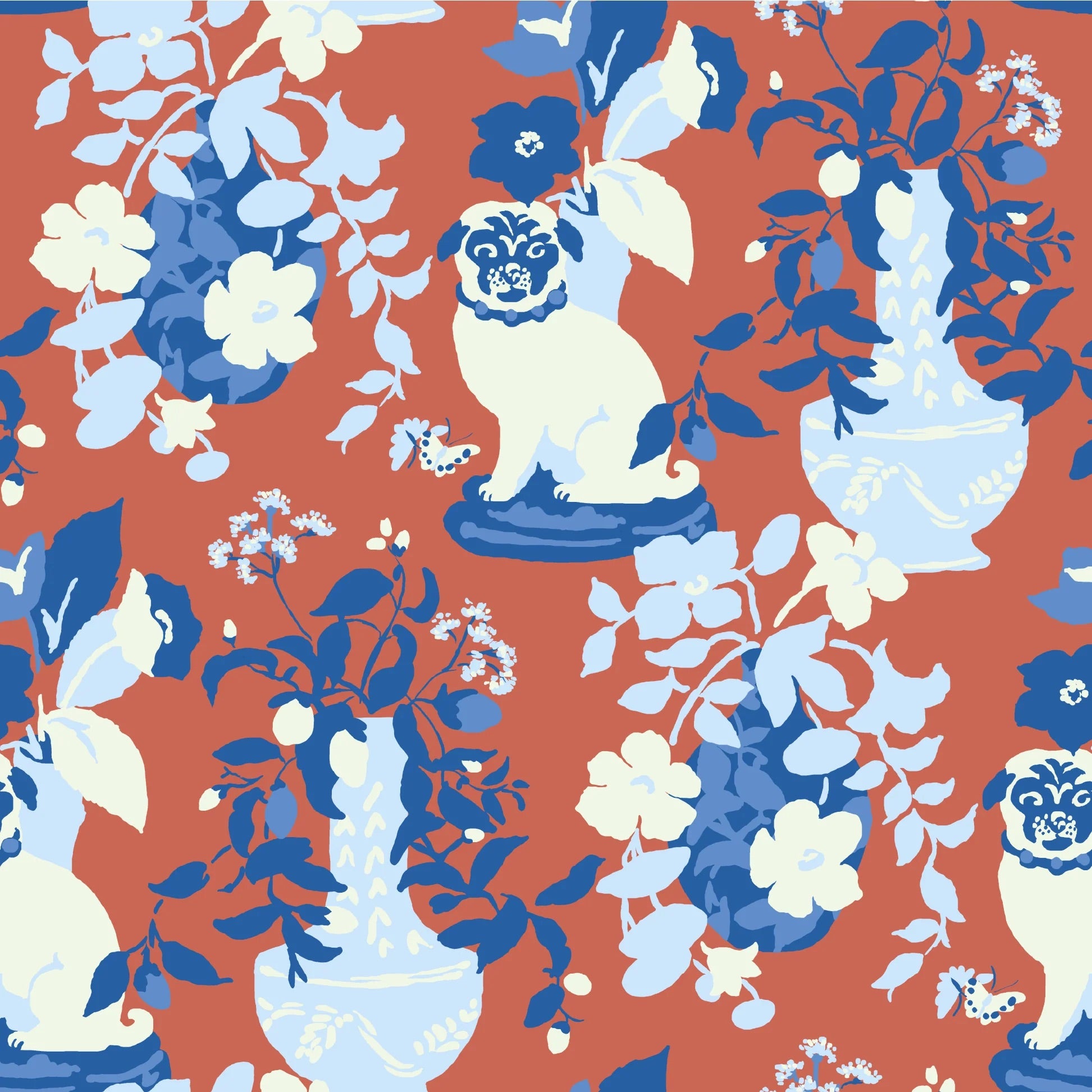 Red, Blue and white chinoiserie wallpaper with blue and white pug and vase motifs on a red background.