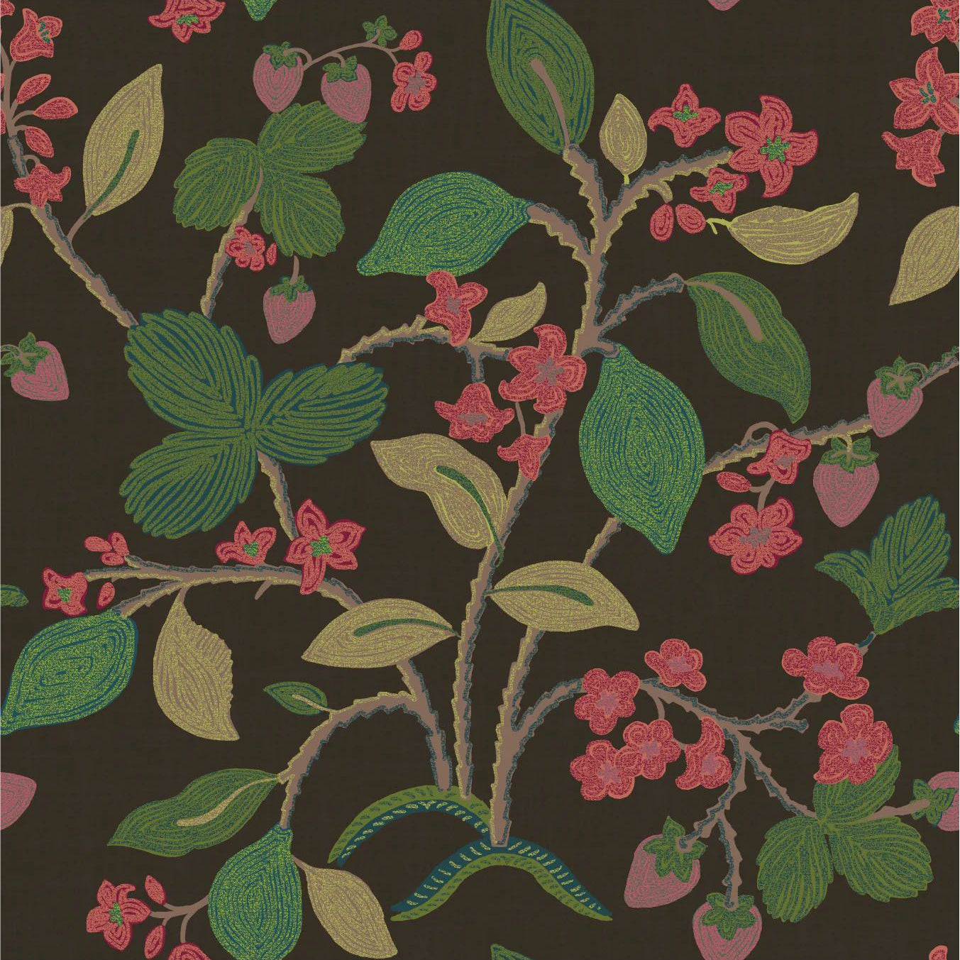 Lemon and strawberry wallpaper in green and pink motifs against a brown background