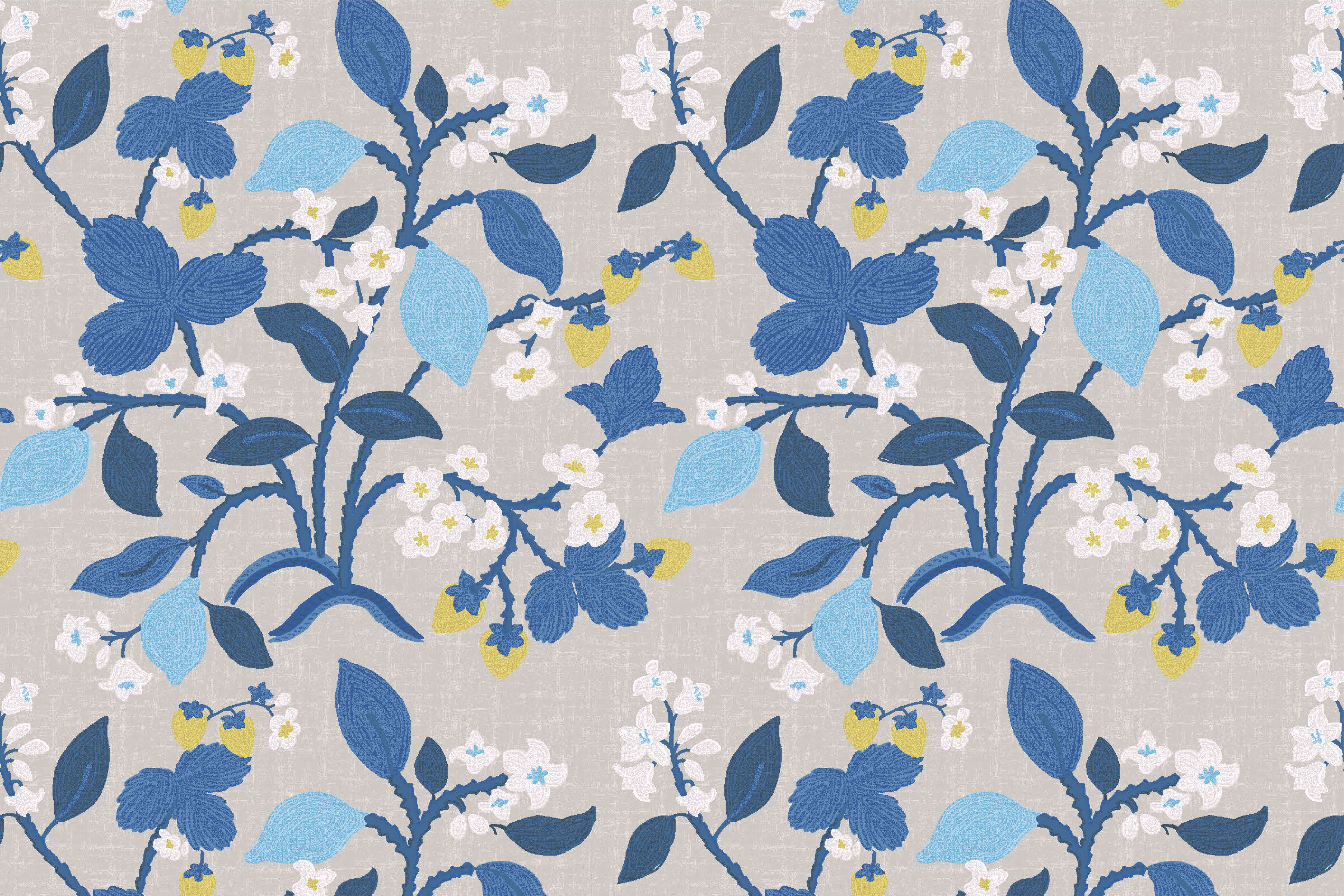 Lemon and strawberry wallpaper in blue and white motifs against a grey background