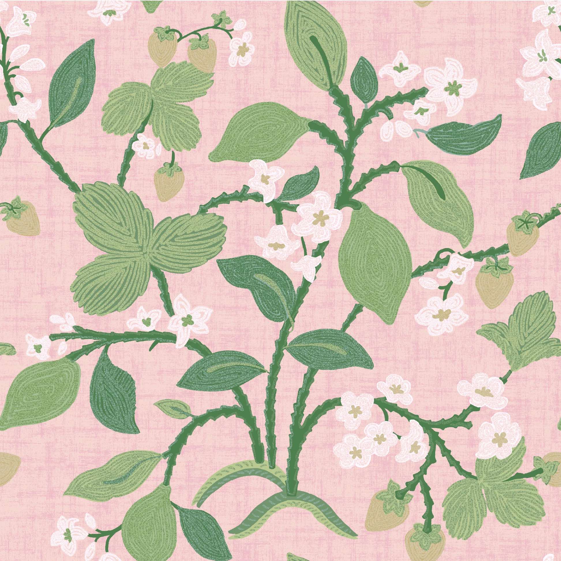 Lemon and strawberry wallpaper featuring white and green motifs against a pink background