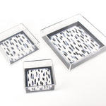Club House Navy Blue Square Acrylic Tray, 3 Sizes. Club House is two shades of blue style brush strokes with a blue border.