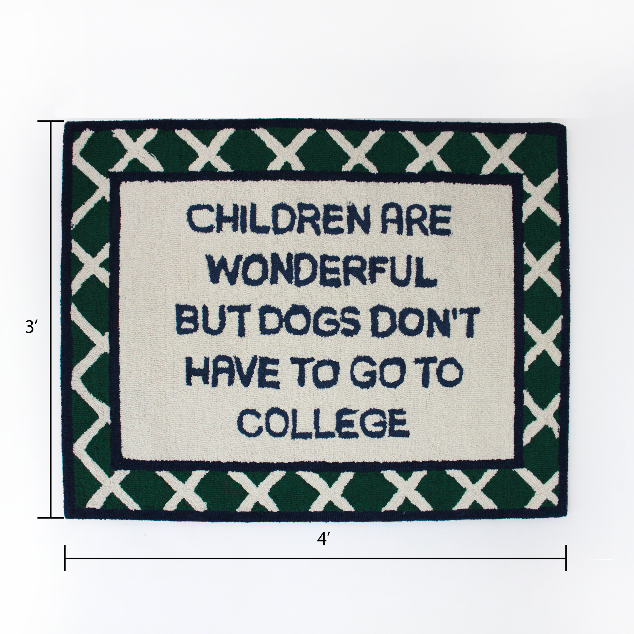 Dogs Don't Have to Go to College Navy/Green Hooked-Wool Rug dimension of 3" by 4"