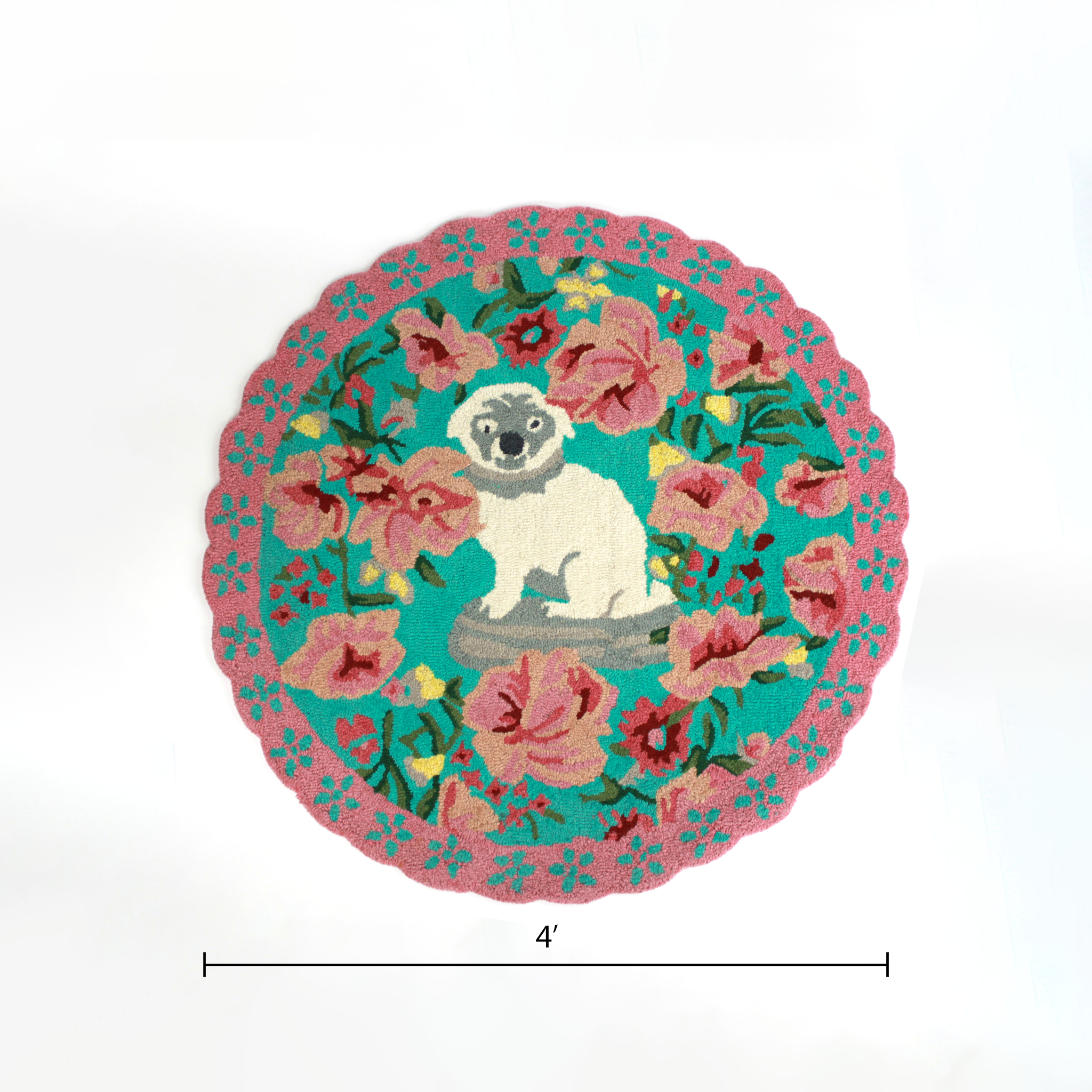 A pink and green floral rug featuring a scalloped border and large central pug motif dimension