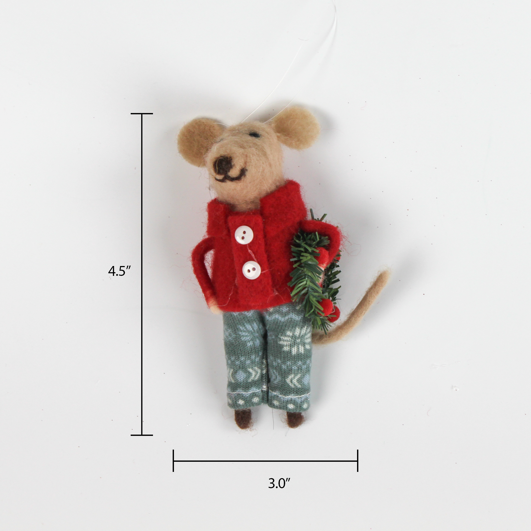 A 4.5-inch tall and 3-inch wide felt mouse ornament wearing a red jacket and patterned blue-green pants, holding a festive green wreath with red accents.