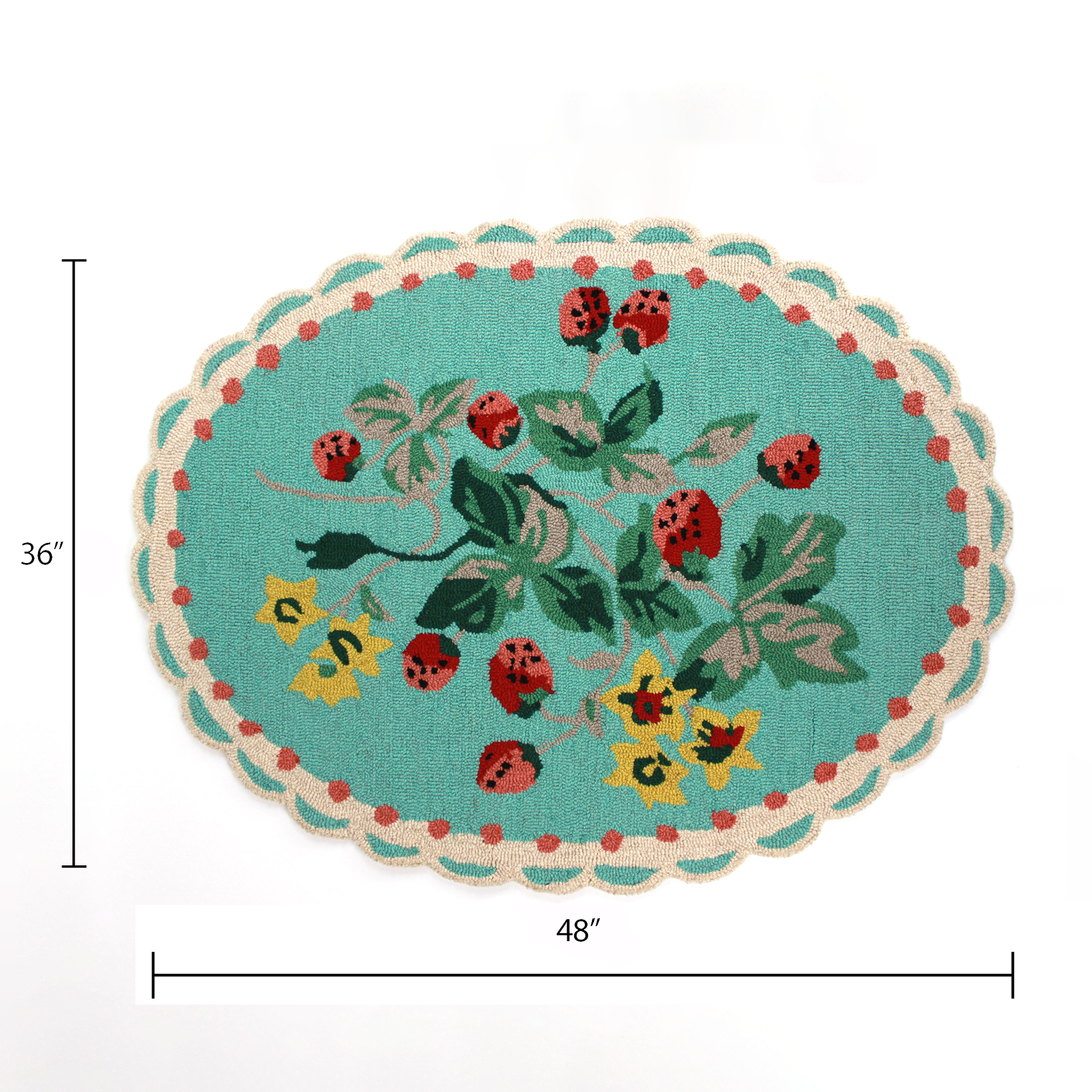 size dimension of A blue oval rug with strawberry and flower motifs and a scalloped border (36" by 48")