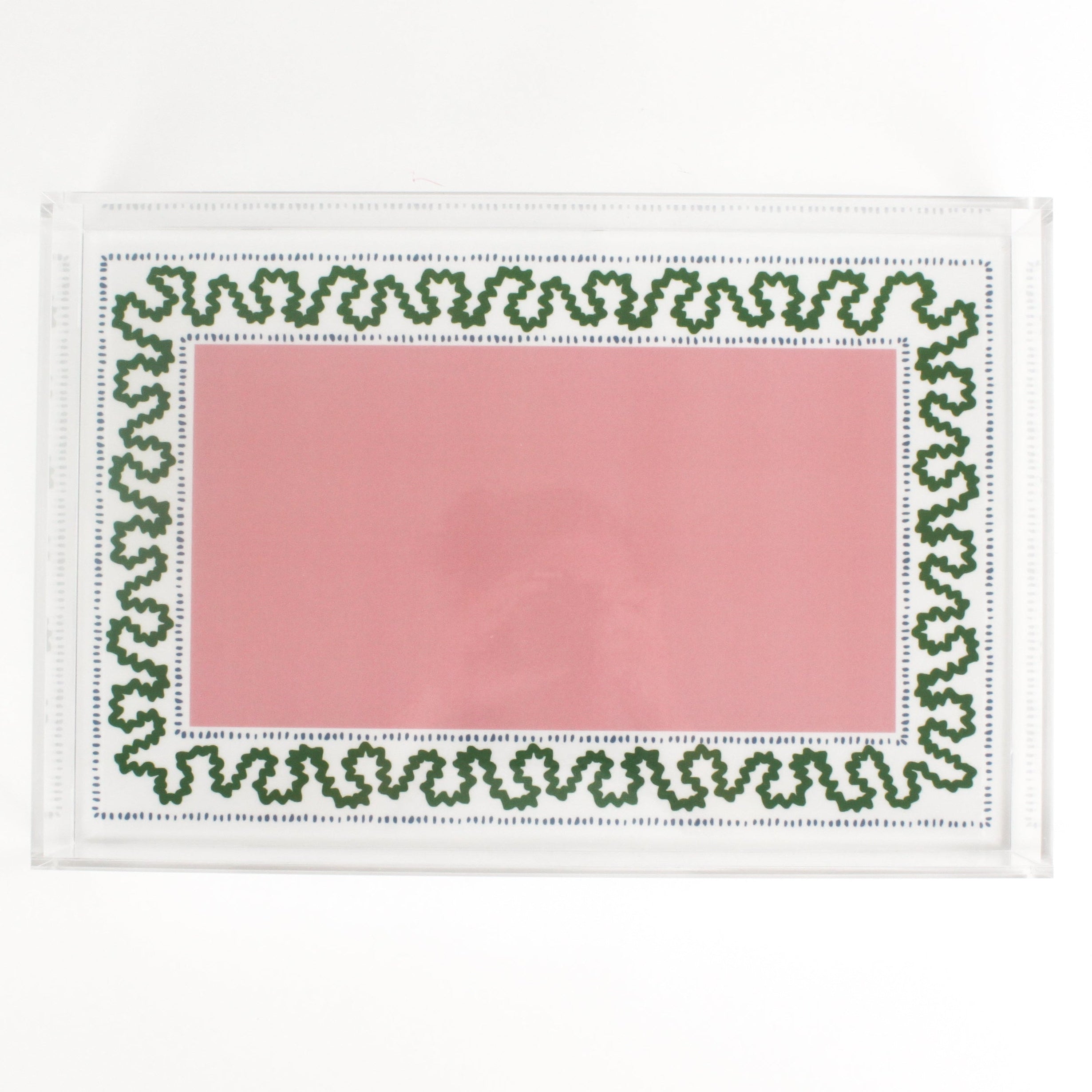 Harborr Trail Pink and Green w/Blue Dash Rectangular Acrylic Tray in large Size. Center is a large pink rectangle with blue dashes around it and a green squiggle.