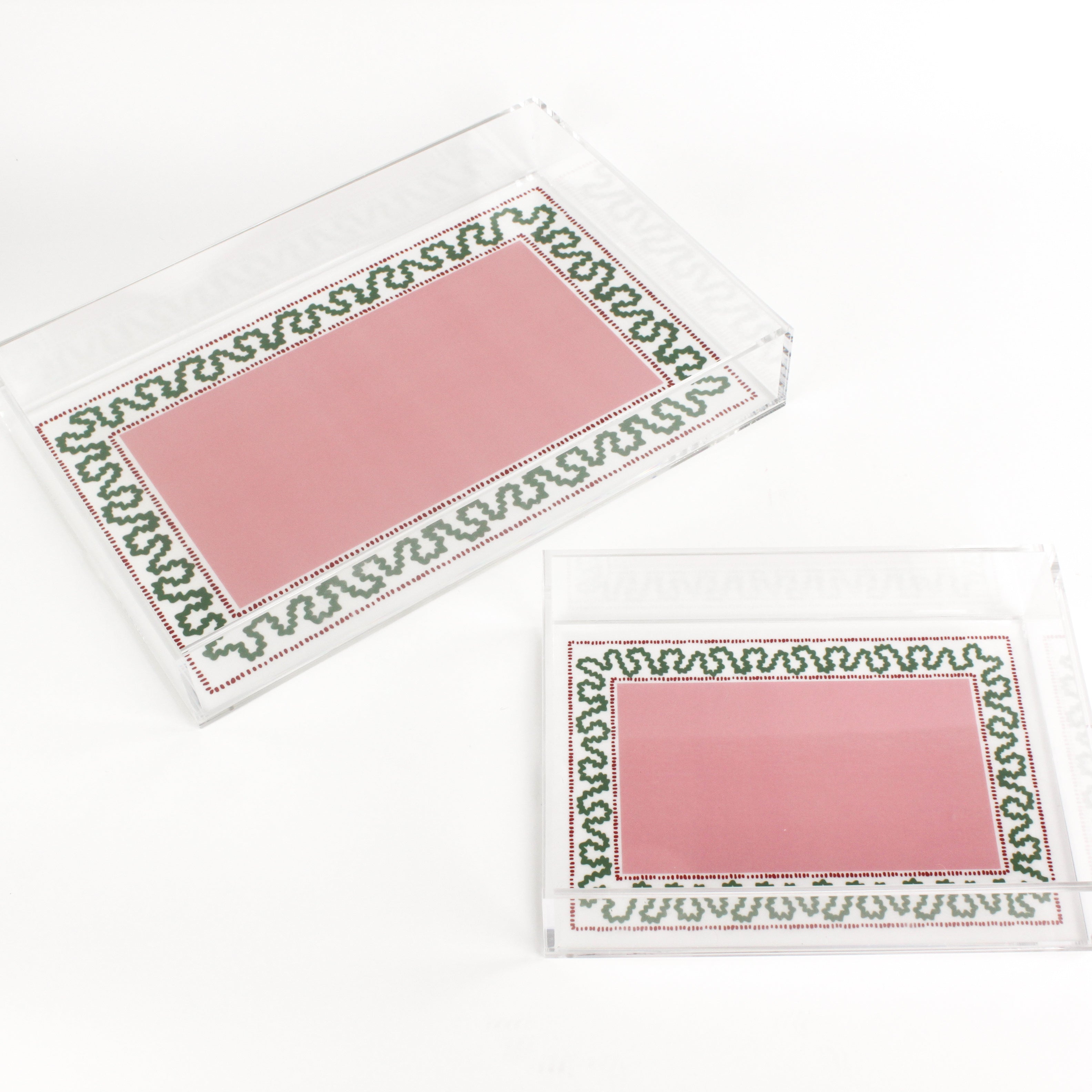 Harborr Trail Pink and Green w/Blue Dash Rectangular Acrylic Tray in 2 Sizes. Center is a large pink rectangle with blue dashes around it and a green squiggle.