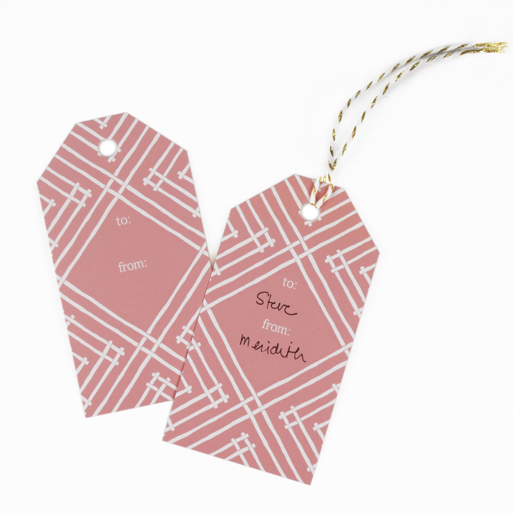 a gift tag with a geometric lattice pattern in pink, with a space for personalized message.