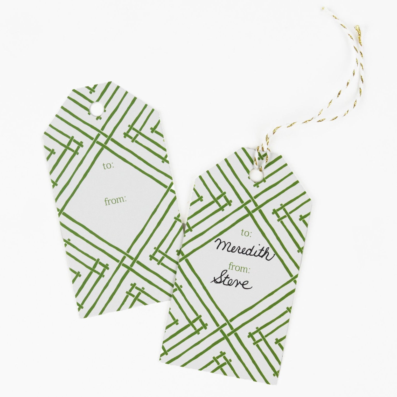 a gift tag with a geometric lattice pattern in green, with a space for personalized message.