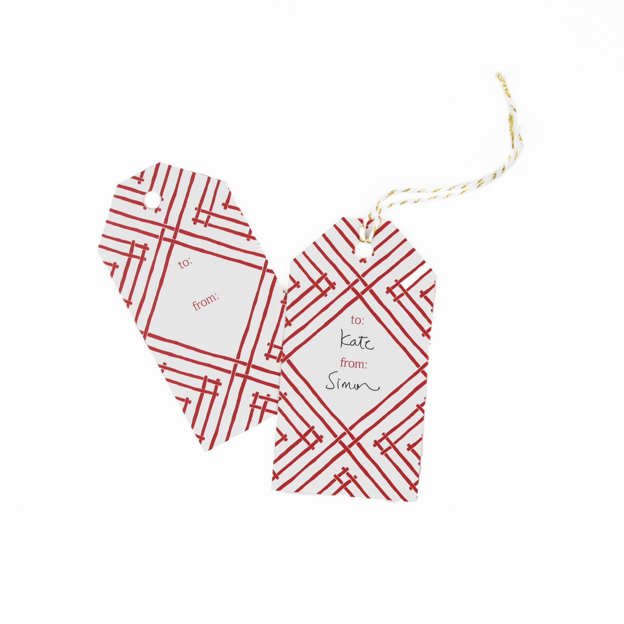 a gift tag with a geometric lattice pattern in red, with a space for personalized message.