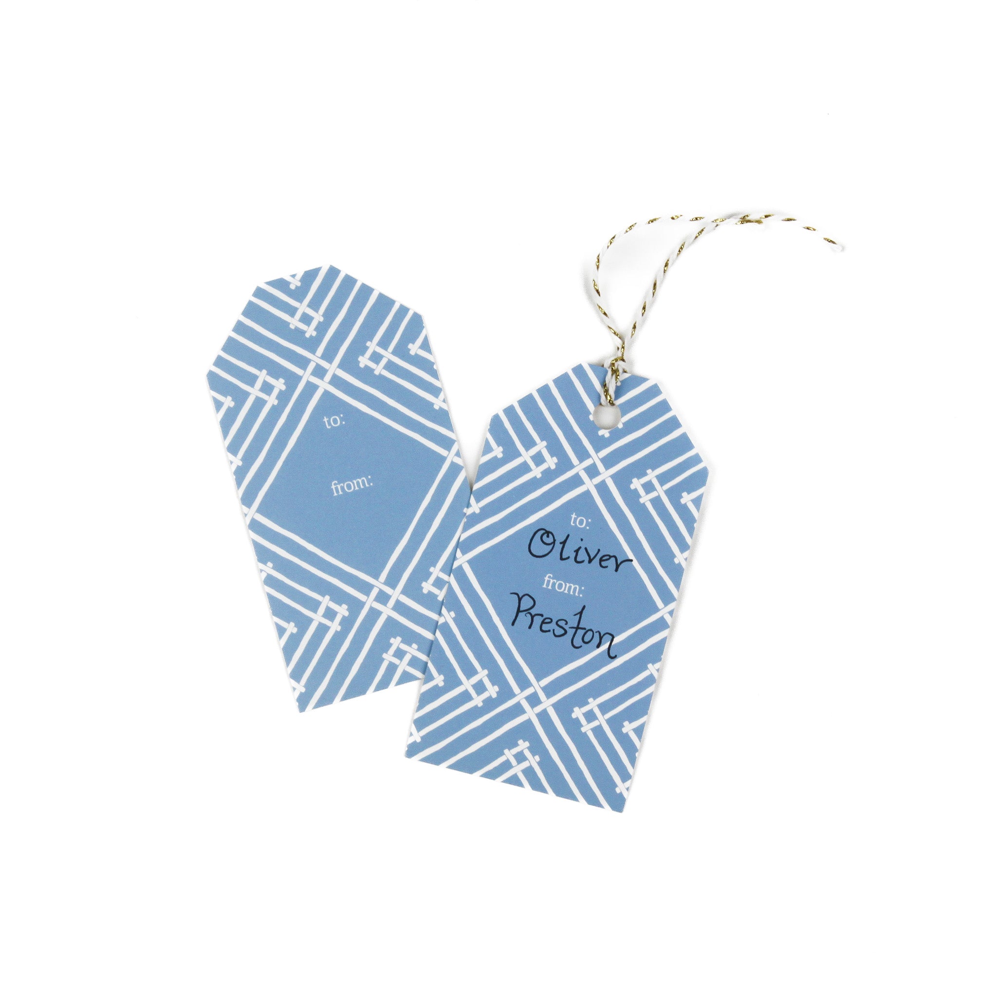 gift tag with a geometric lattice pattern in blue, with a space for personalized message.