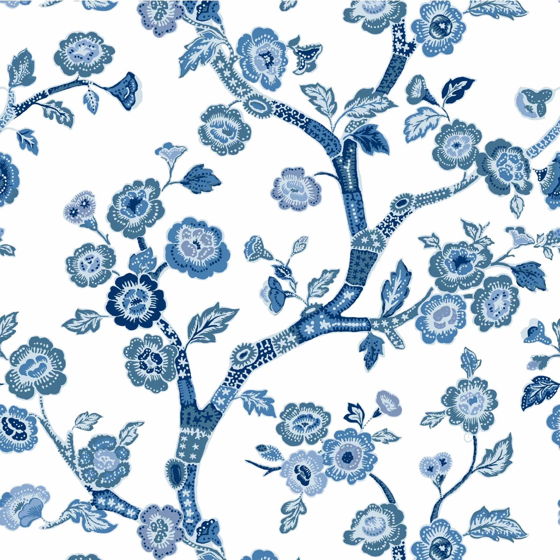 Blue and white chinoiserie wallpaper featuring blue cherry blossom motifs on a white background.