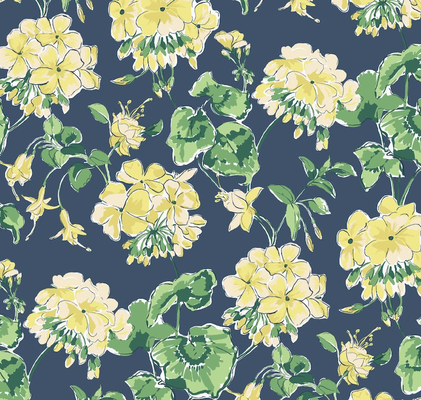 geranium wallpaper with yellow geraniums on a navy blue background.