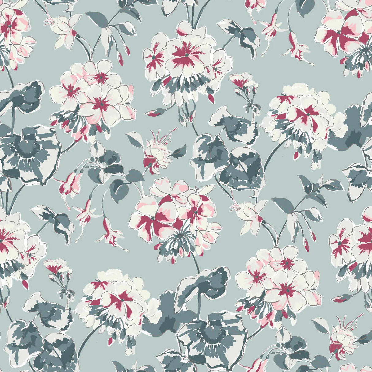 Geranium wallpaper featuring red, pink and white geraniums on a light blue background.