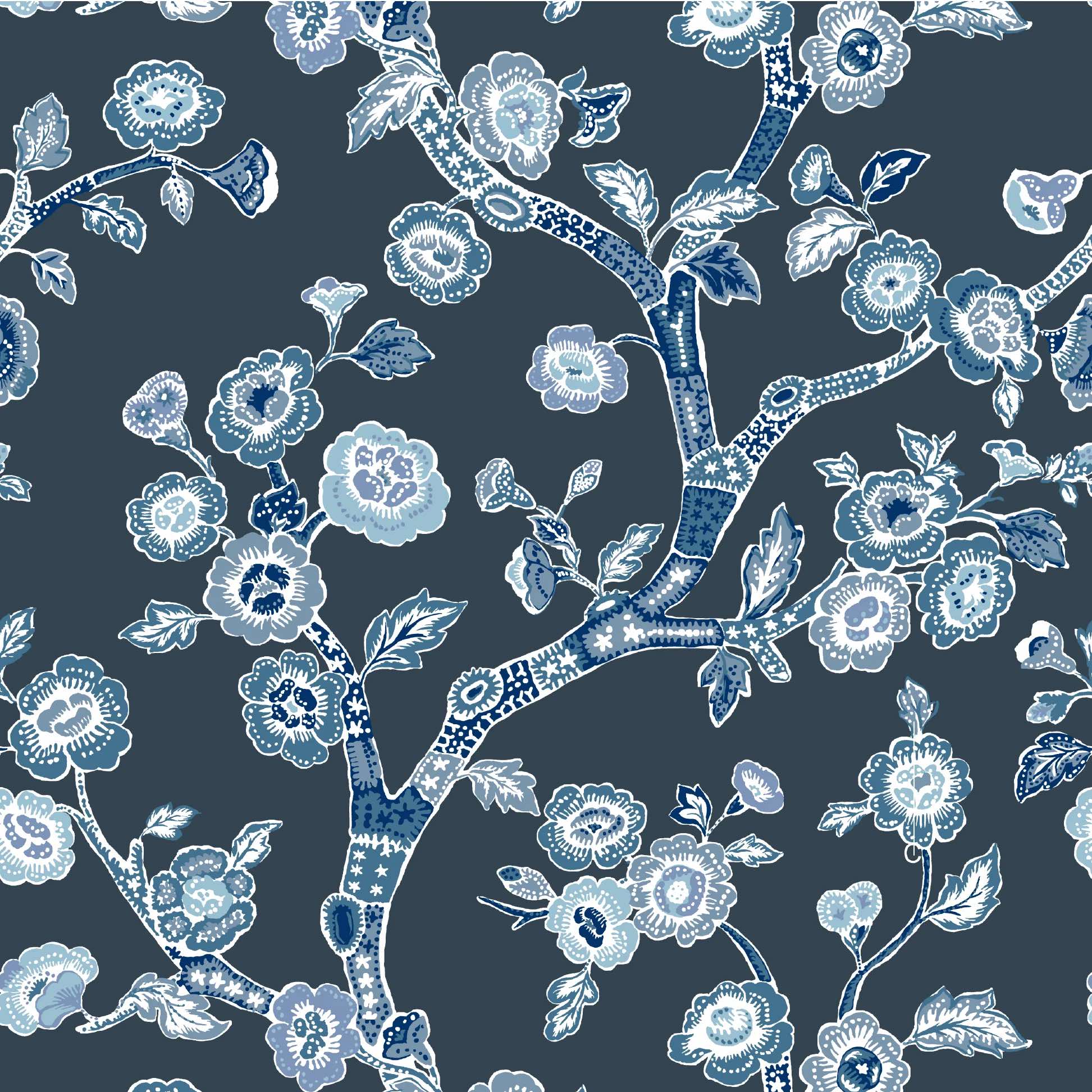 Blue and white chinoiserie wallpaper featuring blue cherry blossom motifs on a dark blue background.