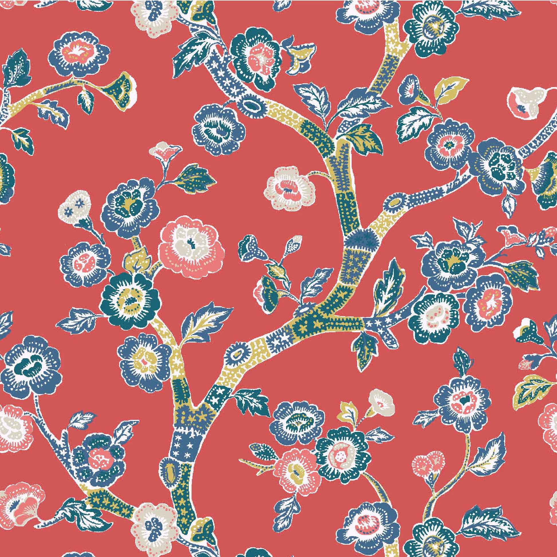 red, Blue and white chinoiserie wallpaper featuring blue and pink cherry blossom motifs on a red background.
