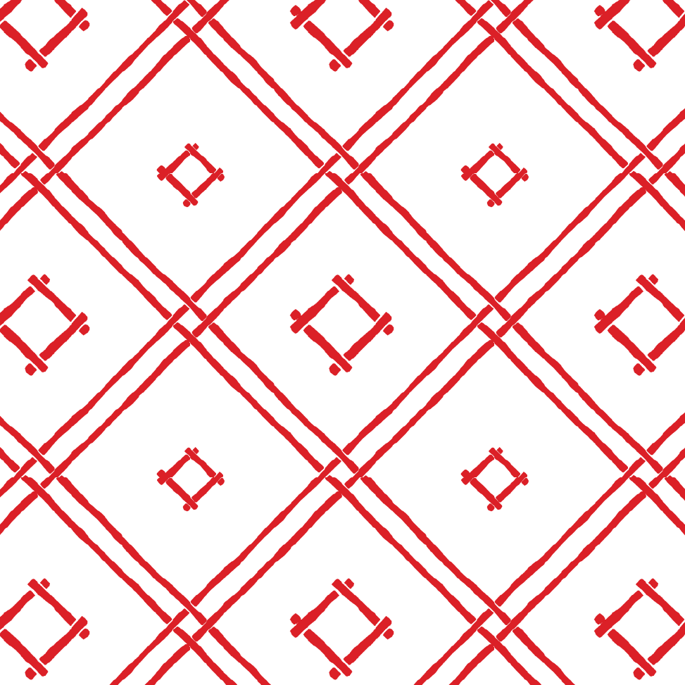 A red bamboo trellis wallpaper design on a white background from Madcap Cottage.