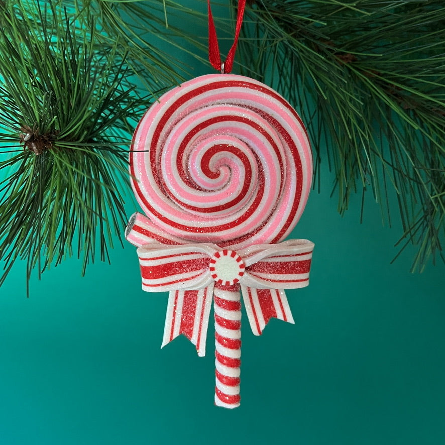 colorful candy-themed Christmas ornaments shaped like lollipops