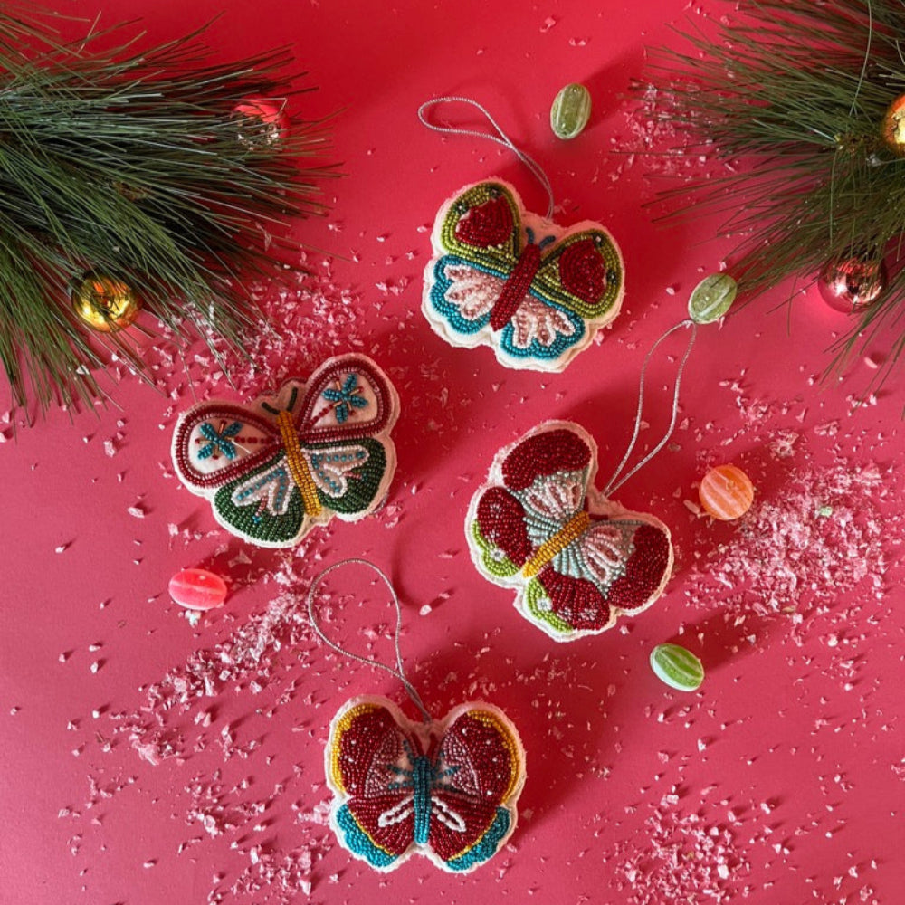 A set of 4 beaded butterfly felt Christmas ornament
