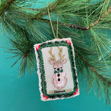 Donner Hand Painted Beaded Reindeer Christmas Ornament with green border and gold accents.