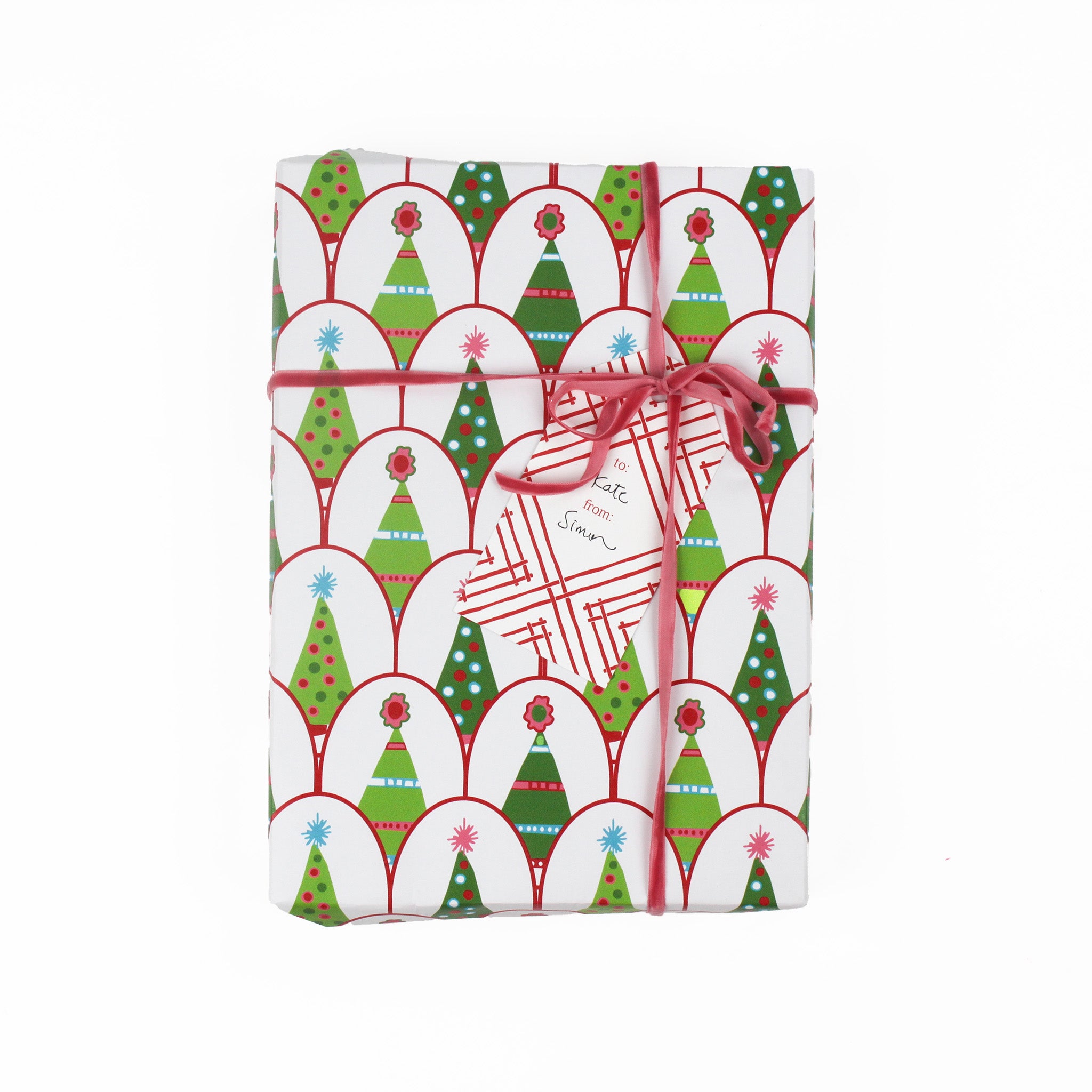 a gift tag with a geometric lattice pattern in red , added to a wrapped present