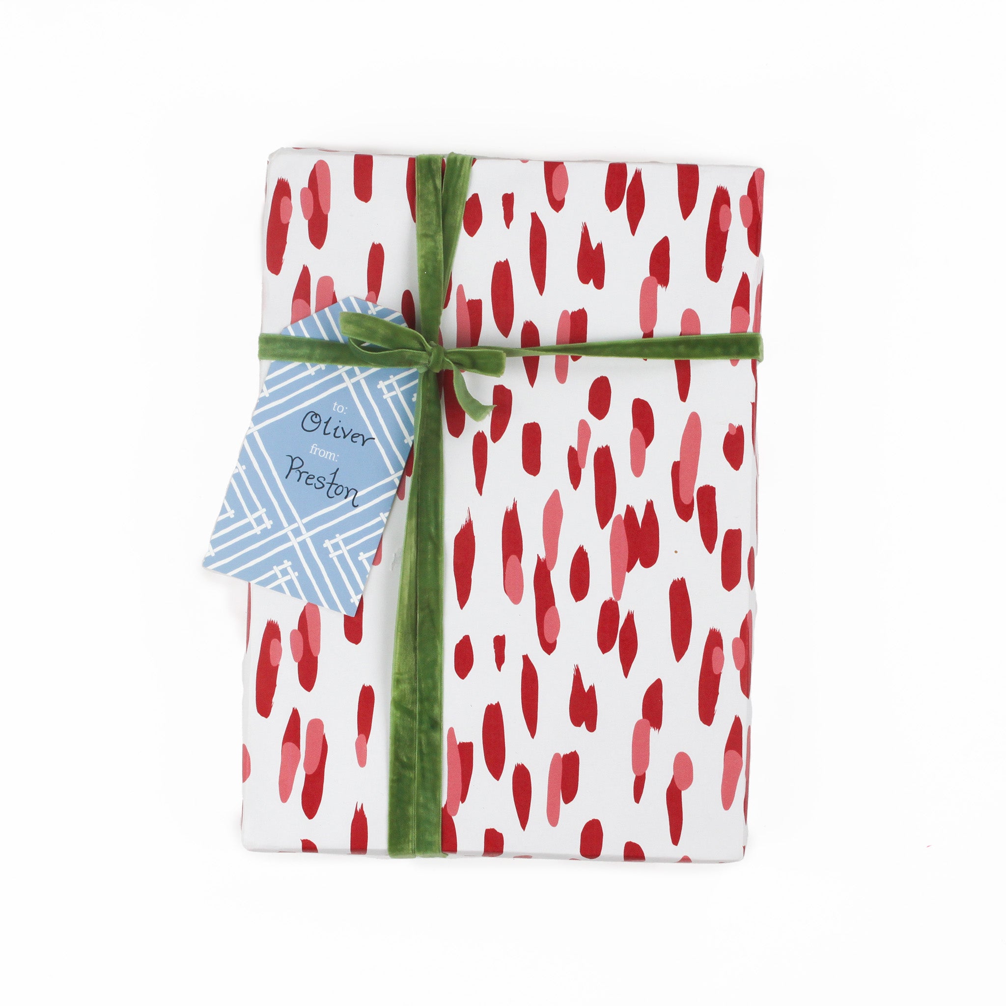 gift tag with a geometric lattice pattern in blue, with a space for personalized message. added to a wrapped present