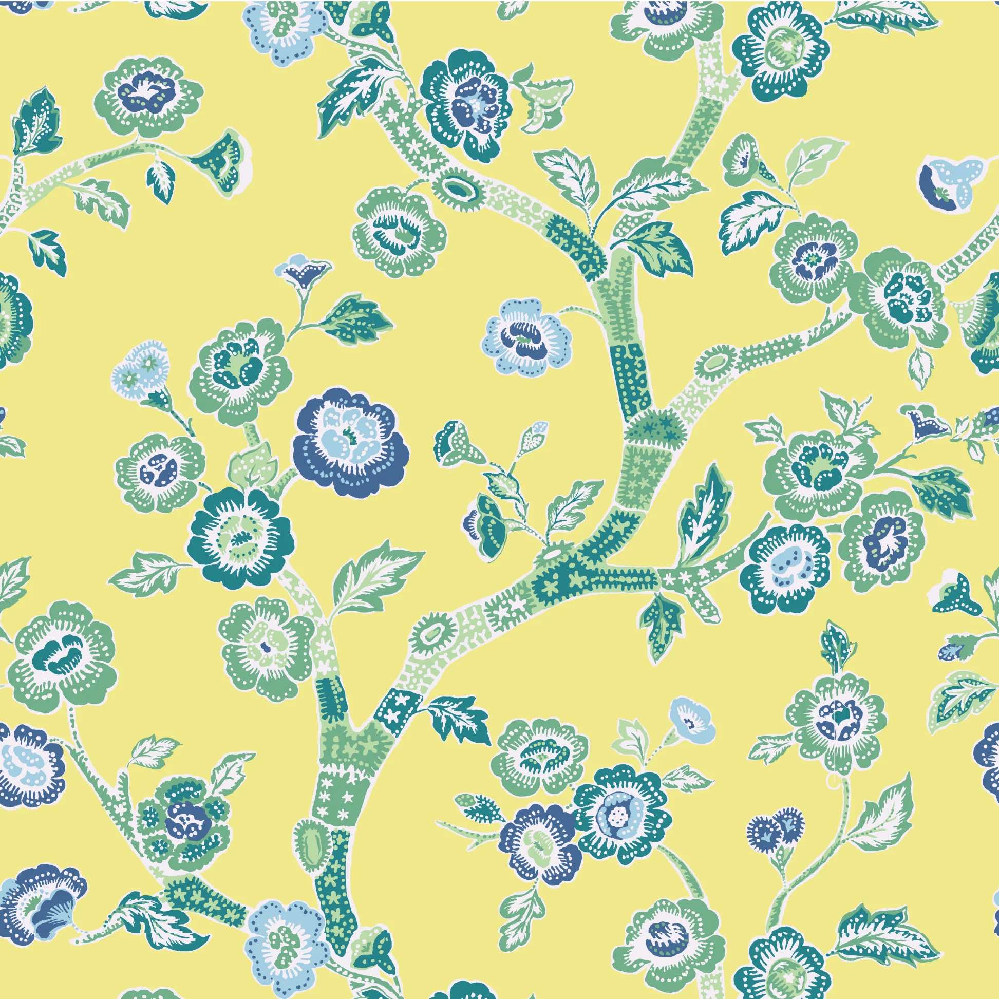 Yellow, Blue and white chinoiserie wallpaper featuring green and blue cherry blossom motifs on a yellow background.