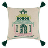 Oh, Pagoda Hooked Wool 18" Square Throw Pillow w/Green Tassels