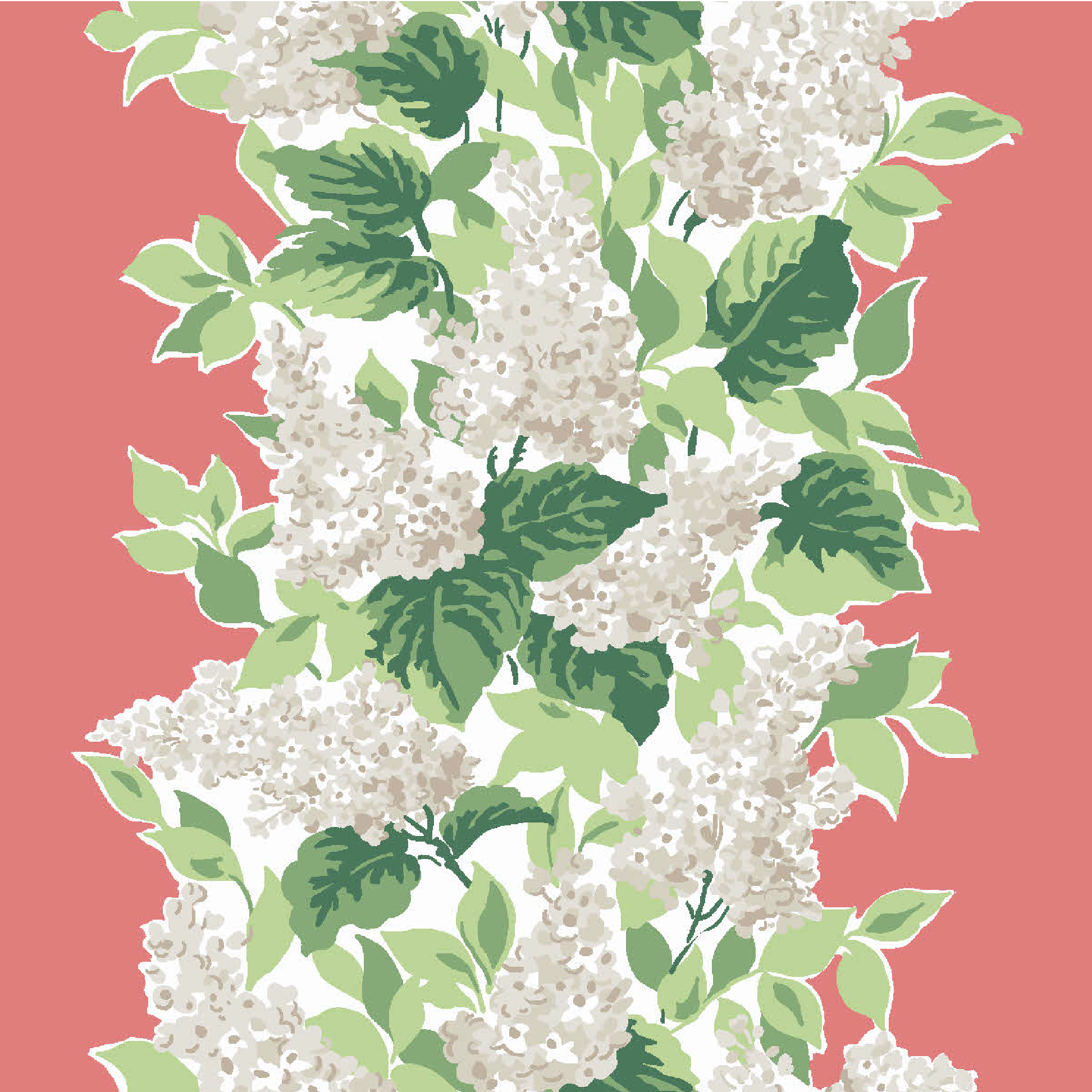 Hydrangea fabric featuring beige hyrdrangea with green leaves on a coral background