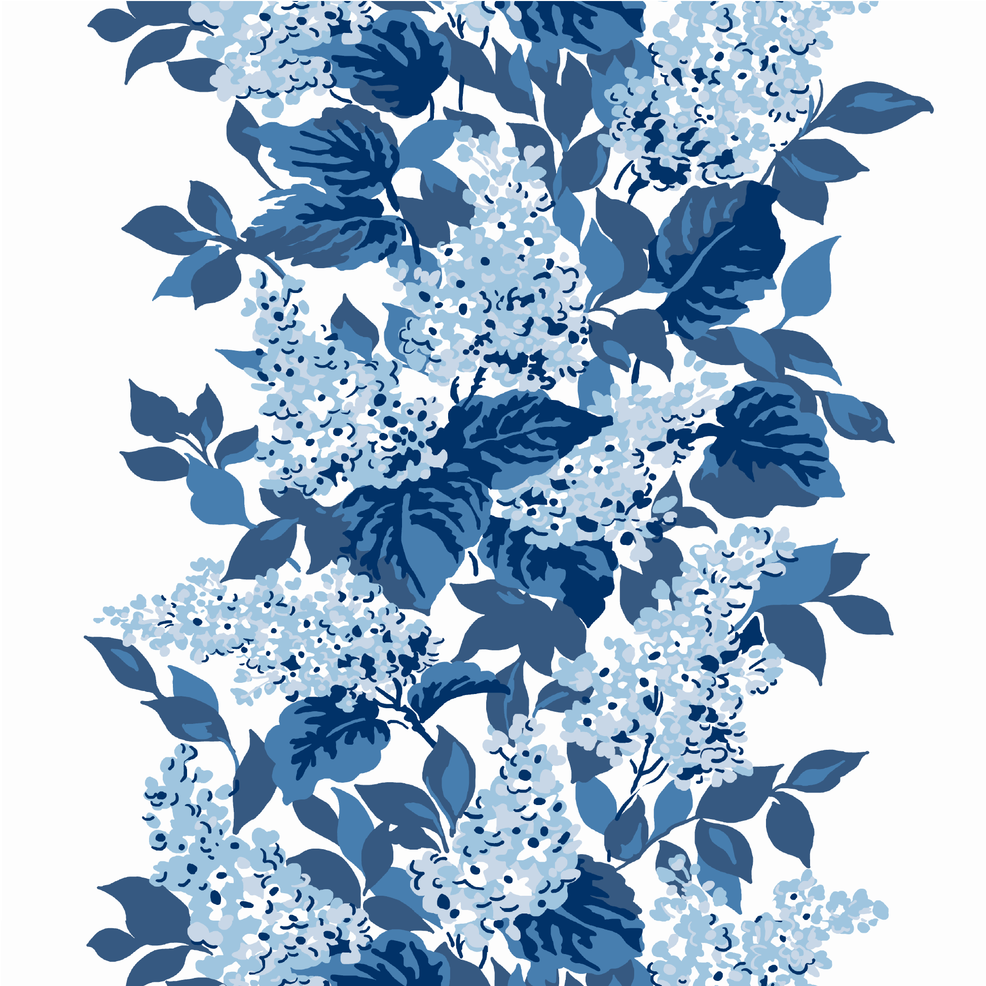 A blue and white fabric featuring a horizontal hydrangea motif