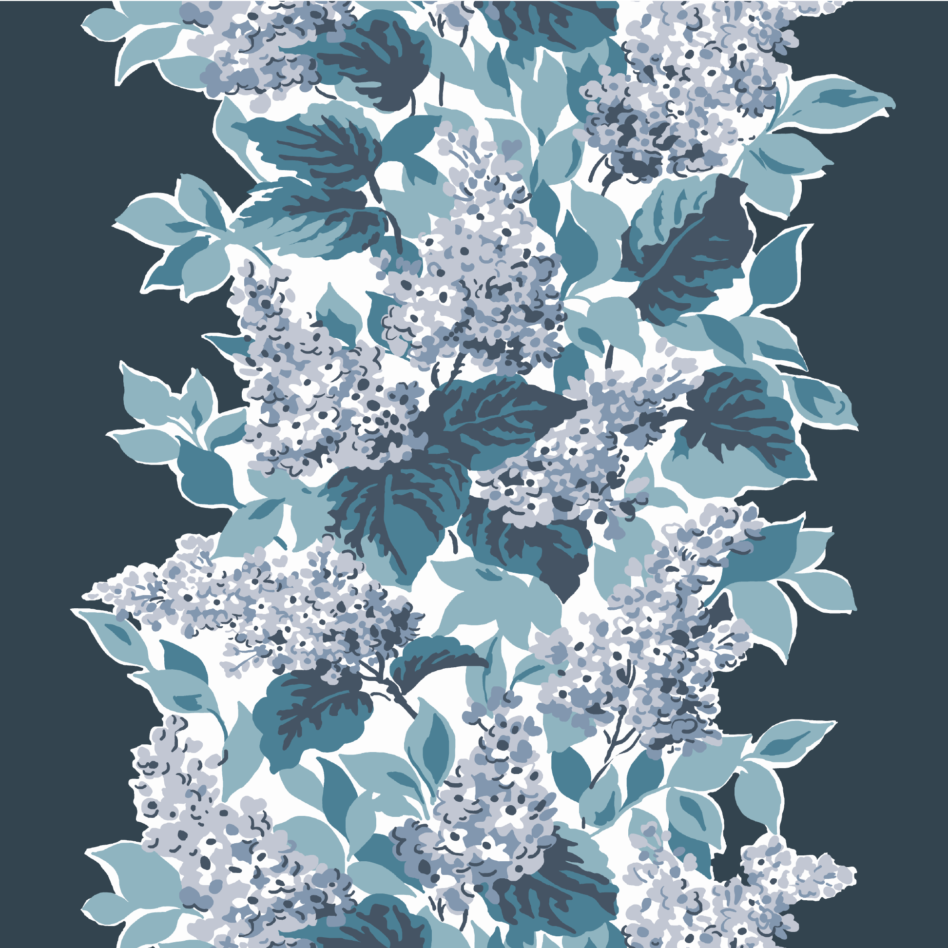 Hydrangea fabric printed in Navy Blue and white.