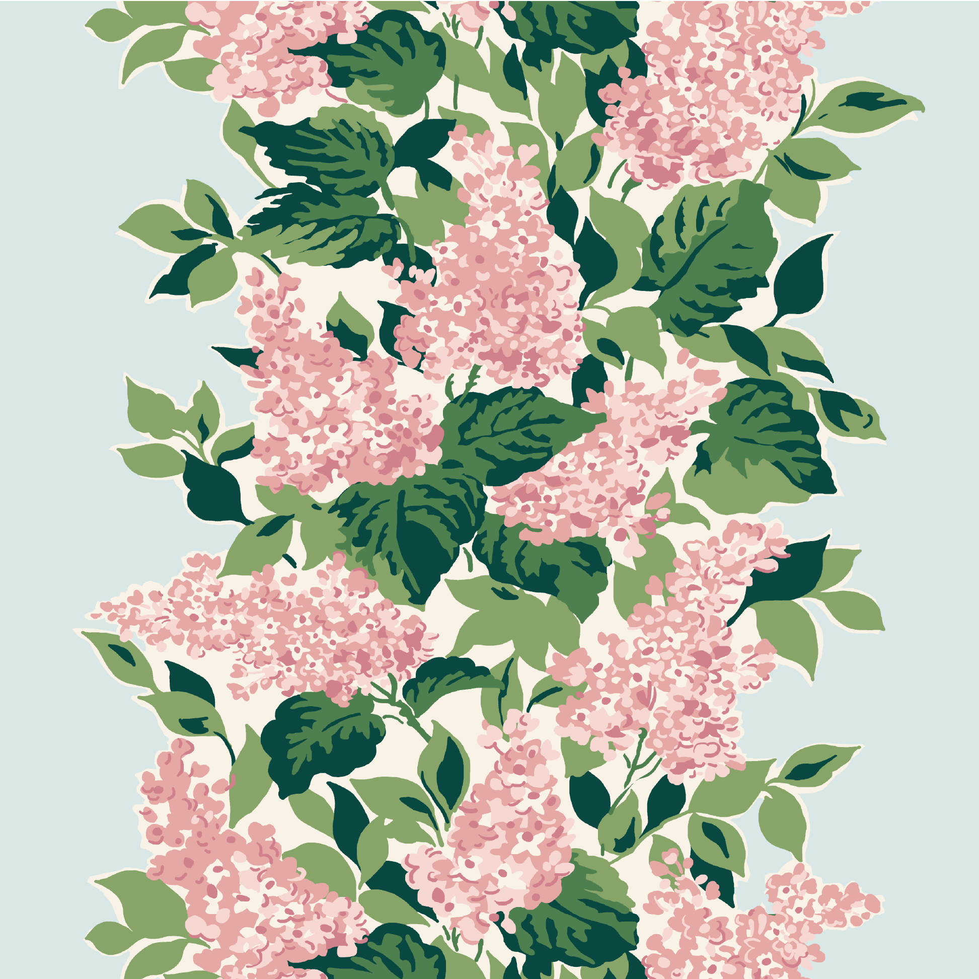 Hydrangea fabric featuring pink hydrangea on a light blue background