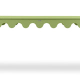 A green console table with scalloped edges
