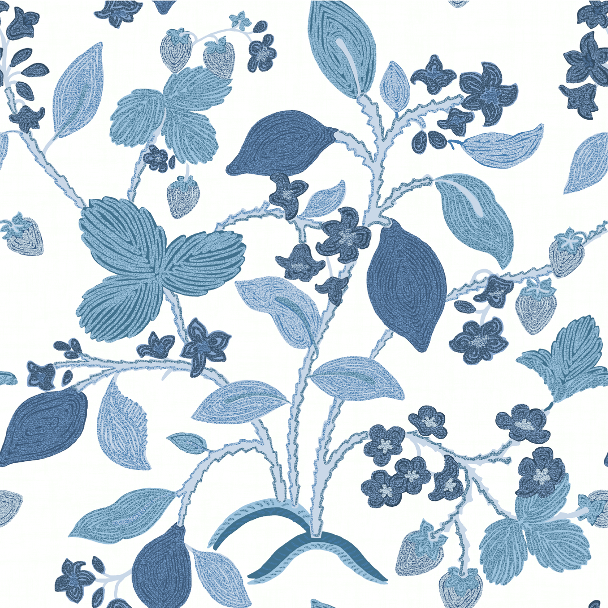 Strawberry fabric featuring navy blue motifs of strawberries, lemons, blue flowers and green leaves on a white background.